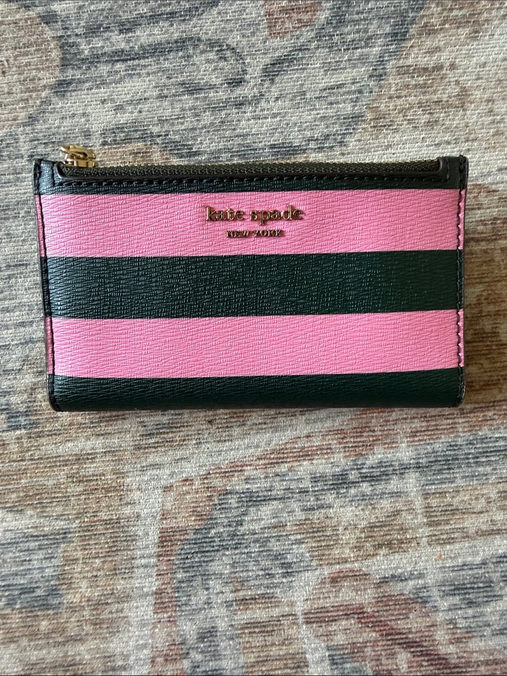 kate spade Pink and Forest Green Striped Zip Card Case